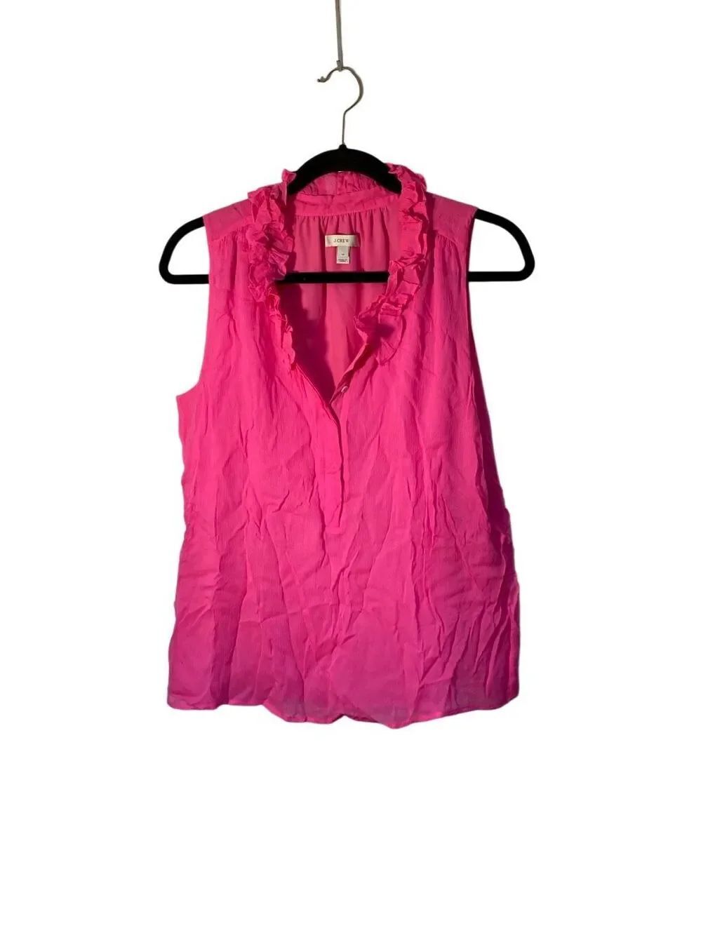 J.Crew women’s hot pink 100% silk ruffle, trim sleeveless blouse 10